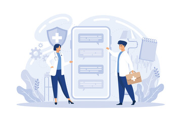 smartphone screen with male therapist on chat in messenger and an online consultation. Ask doctor. Online medical advise or consultation service, flat vector modern illustration