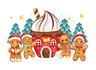 Watercolor Illustration Gingerbread and House with Chritsmas ornaments 