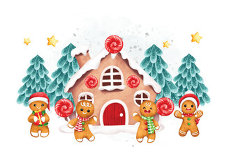 Watercolor Illustration Gingerbread and House with Chritsmas ornaments 