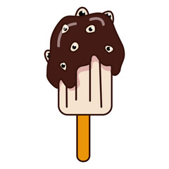 Ice cream on a stick with chocolate with eyes. Halloween candy. Sprinkles in the form of eyes on chocolate on popsicles.