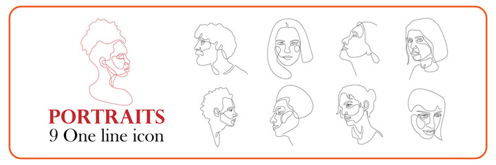 One line portraits vector set. Linear portrait human face one continuous line. Minimal linear vector logo design for eyeglass store, vision health clinic, male or female stylist and hairdresser