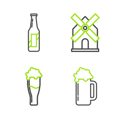 Set line Glass of beer, Windmill and Beer bottle icon. Vector