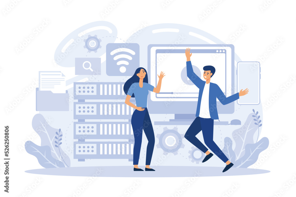 Poster system administrators or sysadmins are servicing server racks. system administration, upkeeping, con