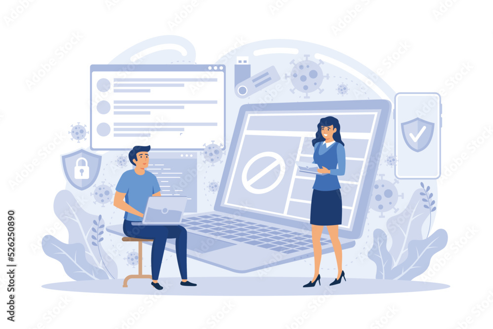 Poster developers work on cyber security program. cyber security software, information security program and
