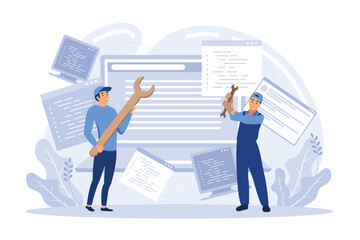 Technical support guys working on repairing a computer hardware and software. Troubleshooting, fixing problems, problem checking concept. flat vector modern illustration