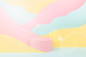 Abstract scene - circle pink podium, sunlight glow glare, mountain landscape - pastel pink, yellow,...