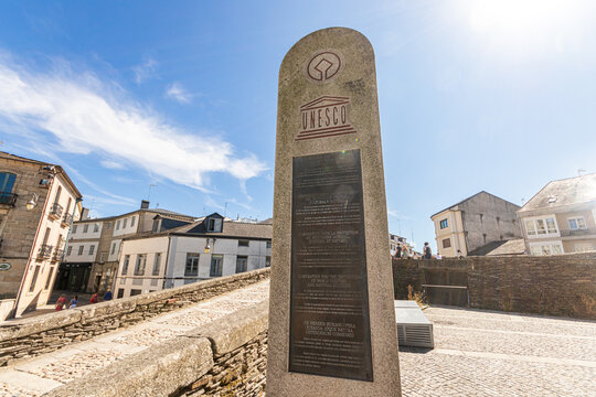 Lugo, Spain. Sign of the Unesco World Heritage Site of the ancient Roman walls of the Old Town of Lugo