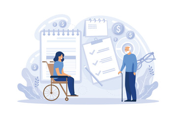 Social security abstract concept vector illustration. Social security benefit, state allowance, retirement insurance, happy disabled person, old, elderly couple, flat vector modern illustration