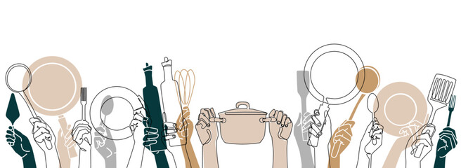 Cooking Background. Kitchen  pattern. People holding different utensils. Restaurant poster. Vector illustration.  - obrazy, fototapety, plakaty