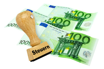 300 Euro Geldscheine und Deutscher Stempel mit Steuern auf weissem Hintergrund - obrazy, fototapety, plakaty