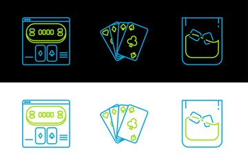 Set line Glass of whiskey and ice cubes, Online poker table game and Playing cards icon. Vector