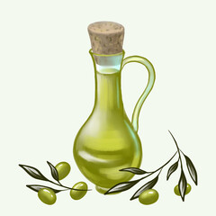Olive oil with branch of olives hand drawn isolated on background