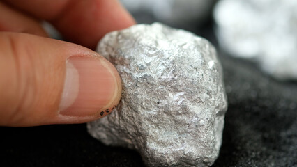 Miners hold in their hands platinum or silver or rare earth minerals found in the mine for...