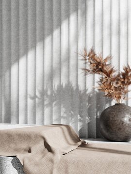 3d display podium covered by fabric and plant in vase against concrete wall. 3d rendering of realistic presentation for product advertising. interior illustration.