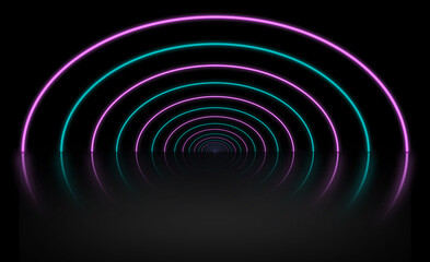 An empty stage backdrop with round pink and blue neon light tunnel reflecting on the floor