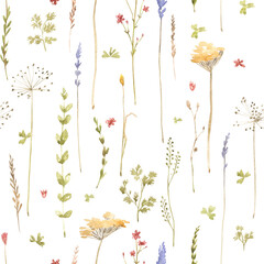 Floral seamless pattern with abstract blue, red and yellow flowers, delicate branches and leaves. Watercolor print highlighted on a white background for textiles or wallpaper.