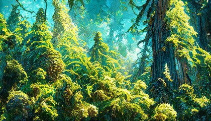3D render scenic view of the beautiful evergreen redwood forest.