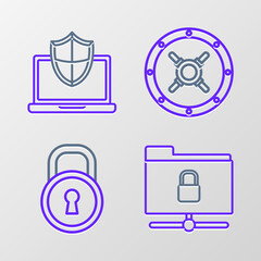 Set line FTP folder and lock, Lock, Safe and Laptop protected with shield icon. Vector