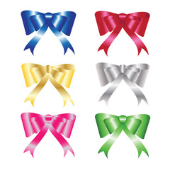 Set of vibrant realistic ribbons or bows. Decoration for party or birthday card. Party decor. Bows for presents, gifts. Vector eps 10.