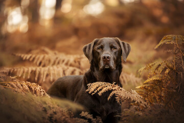 brauner Labrador im herbstlichen Wald  - obrazy, fototapety, plakaty