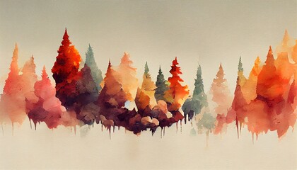 Autumn forest landscape. Colorful watercolor painting of fall season. Red and yellow trees. Beautiful leaves, pine trees. Minimal elegant flat scenery. Artistic natural scenery. Vintage pastel colors. - obrazy, fototapety, plakaty