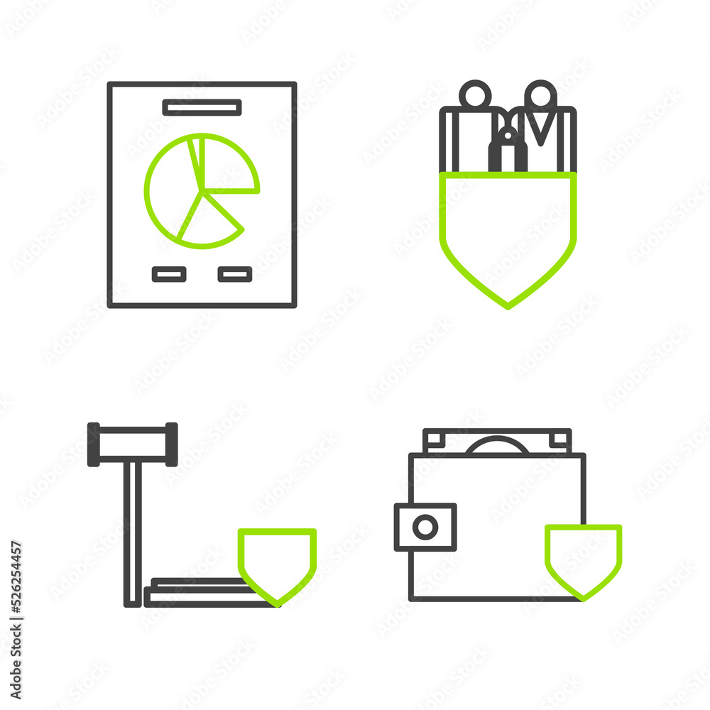 Poster set line wallet and money with shield, judge gavel, family insurance and document graph chart icon. 