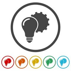 Light bulb with gear mechanism icon. Set icons in color circle buttons