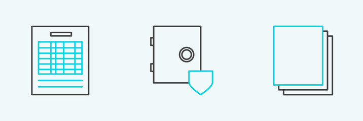 Set line Clean paper, Report file document and Safe with shield icon. Vector