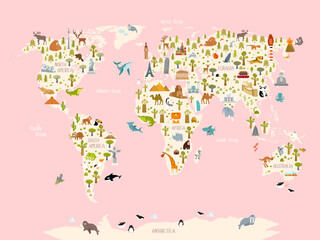 Print. World map in pink colors with animals and architectural landmarks for kids. Eurasia, Africa, South America, North America, Australia. Cartoon animals.	
