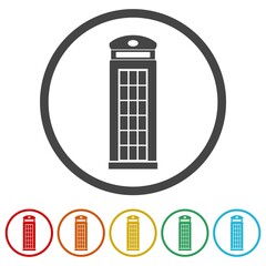 London phone booth icon isolated on white background. Set icons in color circle buttons