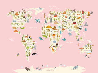 Print. Print. World map in pink colors with animals and architectural landmarks for kids. Eurasia, Africa, South America, North America, Australia. Cartoon animals.
- 526254476