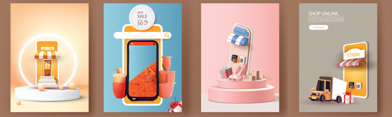 online shopping on phone buy sell business digital  web banner application money advertising payment ecommerce vector illustration search
