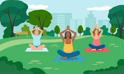 Obraz na płótnie Canvas Concept illustration for prenatal yoga, meditation, relax, healthy lifestyle. Pregnant women meditating in the park. Illustration in flat cartoon style.