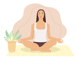 Woman meditating at home. Concept illustration for yoga, meditation, relax, recreation, healthy lifestyle. illustration in flat cartoon style.