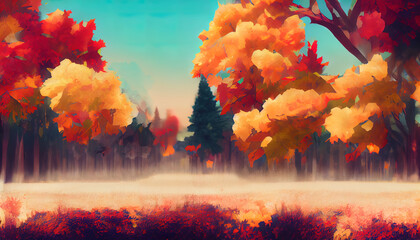 Colorful autumn forest, anime style. Manga, digital painting of colorful trees. Fall season with red yellow and orange colors. Beautiful drawing of a fall scenery.