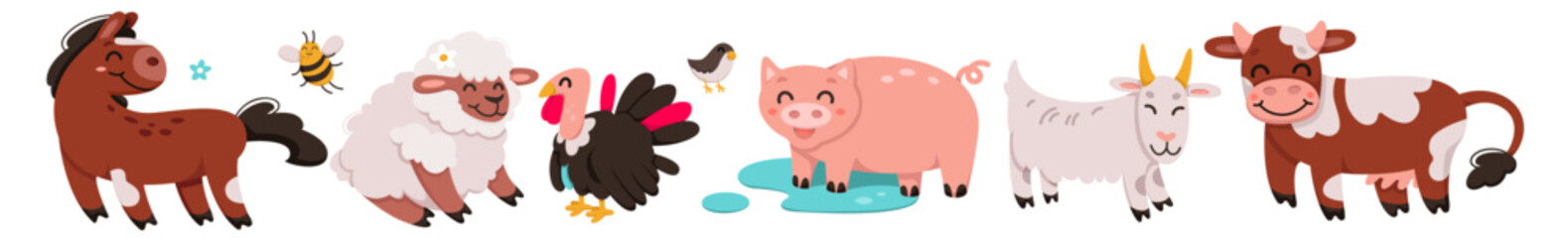 Cartoon isolated domestic characters in childish livestock collection for little baby, happy village chicken pig sheep goose turkey cow and bee. Cute farm animals and birds set vector illustration
