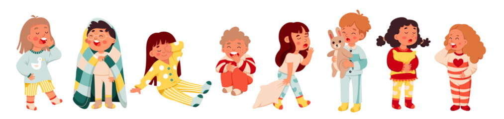 Cartoon isolated Sleepy little kids, girls and boys in pajamas yawn and ready to rest and sleep in bedtime, child holding blanket and pillow, teddy bear toy for sleeping