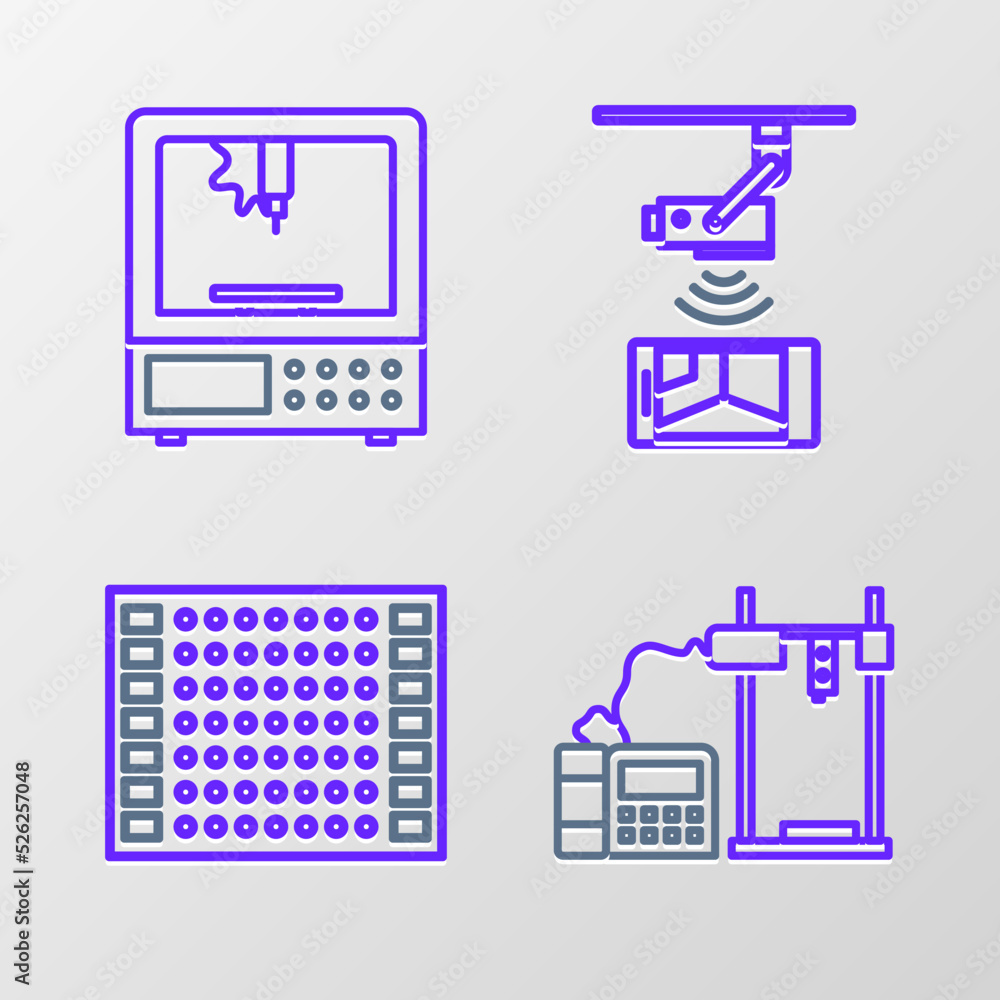 Poster set line 3d printer, printed circuit board pcb, wireless controlling cctv security camera and icon. 