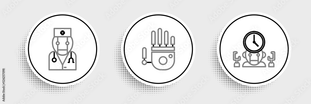 Poster set line robot and digital time manager, doctor and mechanical robot hand icon. vector