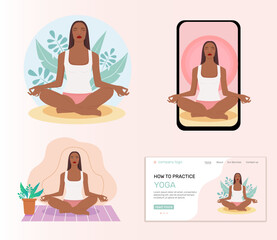 Young native american woman meditating on nature and at home. Landing page,  illustration of the concept of a healthy lifestyle, physical exercises at home and outdoors, yoga classes. 