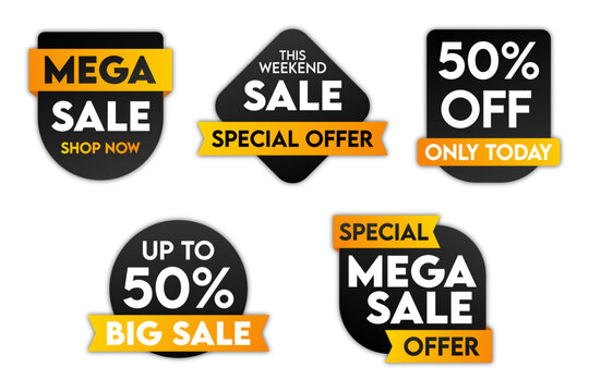 Sale tags collection. Special offer, only today, mega sale, big sale banner set. Shop or online shopping. Sticker, store, coupon. Vector illustration.