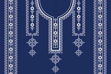 Vector ethnic neck embroidery white geometric pattern on blue color background. Tribal art shirts fashion.