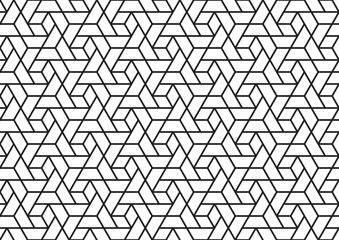 Abstract 3d effect cube shapes and triangles in a contemporary geometric line art repeating pattern in black outline, vector illustration