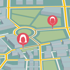 Map with pin markers showing GPS location of people or friends in the city with direction