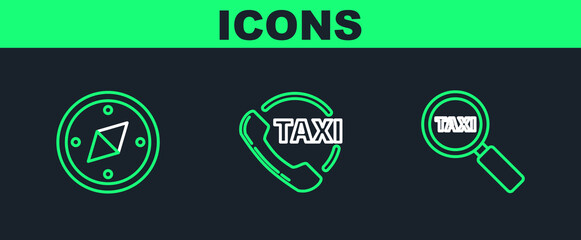 Set line Magnifying glass and taxi car, Compass and Taxi call telephone service icon. Vector