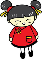 hand drawn chinese girl with hair bun illustration on transparent background