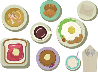 朝食や軽食や飲み物等のイラストセット