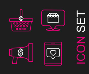 Set line Mobile phone and like with heart, Megaphone dollar, Online shopping concept and Shopping basket icon. Vector