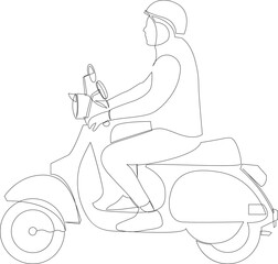 Person riding a retro motorcycle continuous line drawing. Vector illustration.