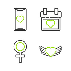 Set line Heart with wings, Female gender symbol, Calendar heart and Mobile phone icon. Vector